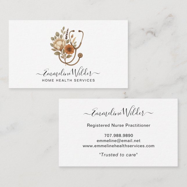 Tarjeta De Visita Nurse Caregiver Floral Stethoscope Business Card (Anverso / Reverso)