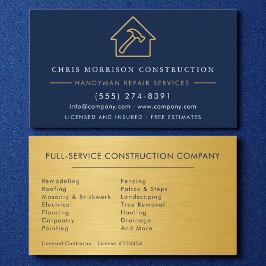 Tarjeta De Visita Obras Menores Construcción Metal Oro Azul Marino 