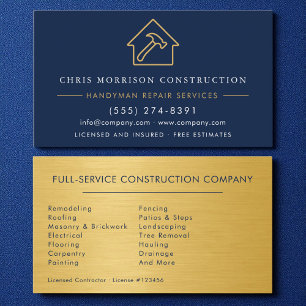 Tarjeta De Visita Obras Menores Construcción Metal Oro Azul Marino