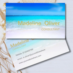 Tarjeta De Visita Ocean Beach Aqua Blue Sea Travel Moderno Gold