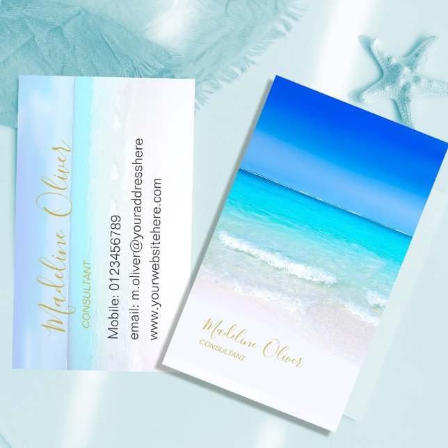 Tarjeta De Visita Ocean Beach Sea Travel Spa Blue Gold Stylish (Subido por el creador)