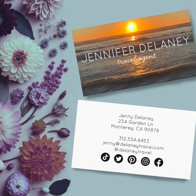 Tarjeta De Visita Ocean Beach Waves Sunset Nature Foto Viaje (Photography custom business cards with social media icons. Sunset beach waves)