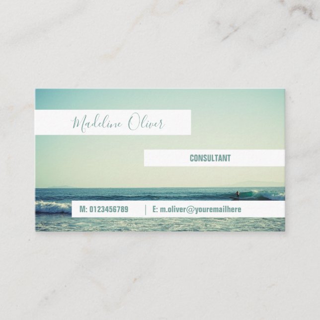 Tarjeta De Visita Ocean Sea Blue Waves Beach Modern White (Anverso)