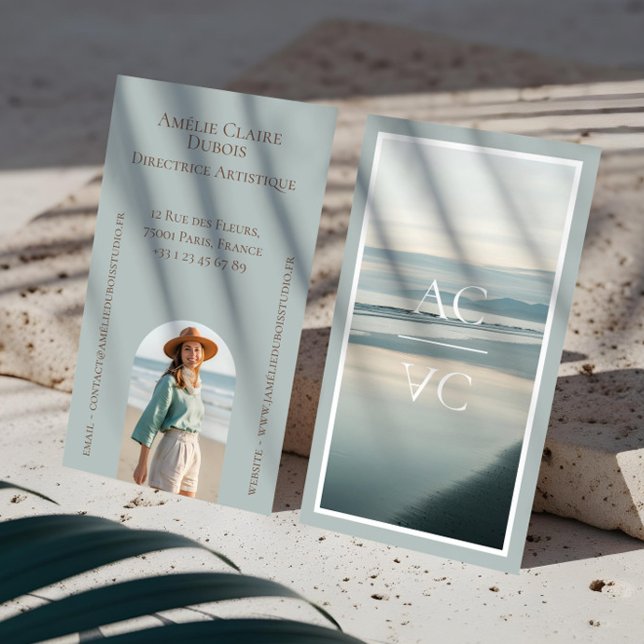 Tarjeta De Visita Ocean Shoreline Luxury Monogram Feminine Photo (Ocean Shoreline Luxury Monogram Feminine Photo Business Card)