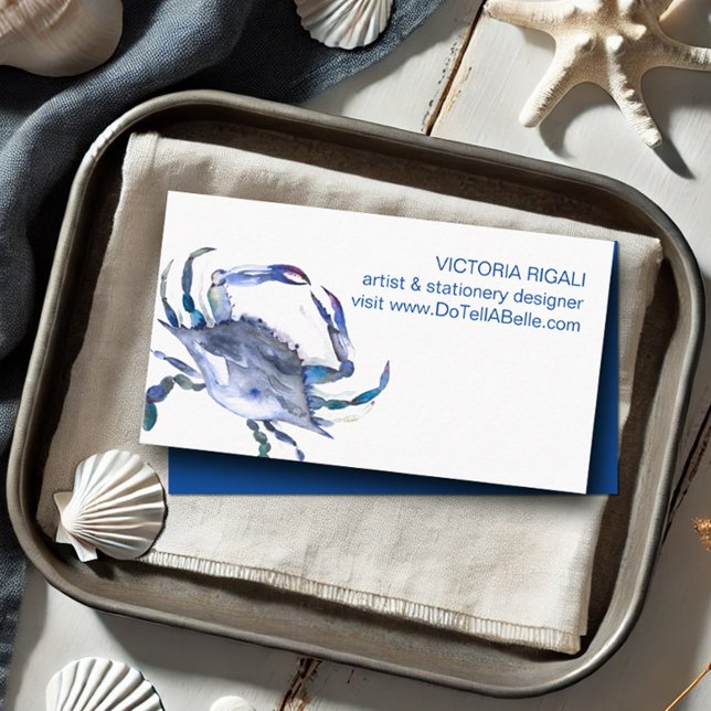 Tarjeta De Visita Océano Tema Cangrejo Azul Playa Costera acuática (Beach business cards watercolor blue crab art by Victoria Grigaliunas Do Tell A Belle)