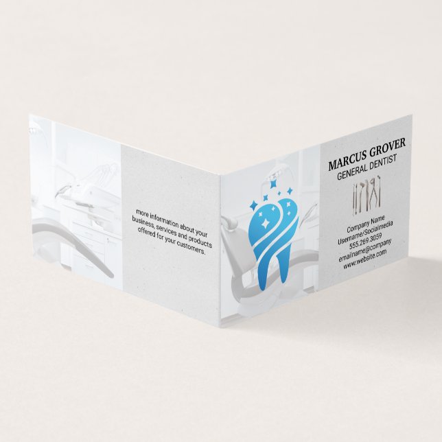 Tarjeta De Visita Oficina de dentistas | Limpiar el diente azul | He (Exterior)