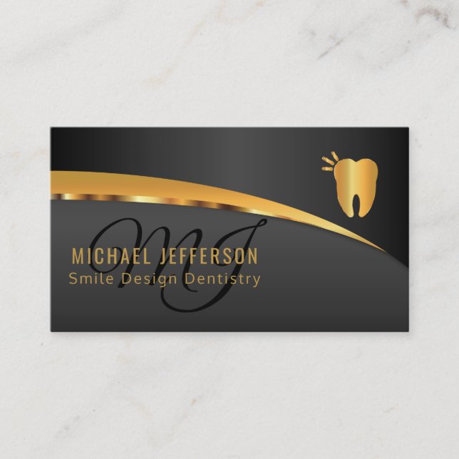 Tarjeta De Visita Oficina de dentistas monogramas - Negro y Oro (Anverso)