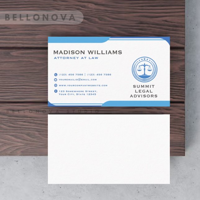 Tarjeta De Visita Oficina De Derecho Azul Y Blanco personalizado (Custom Blue And White Law Office Business Card)