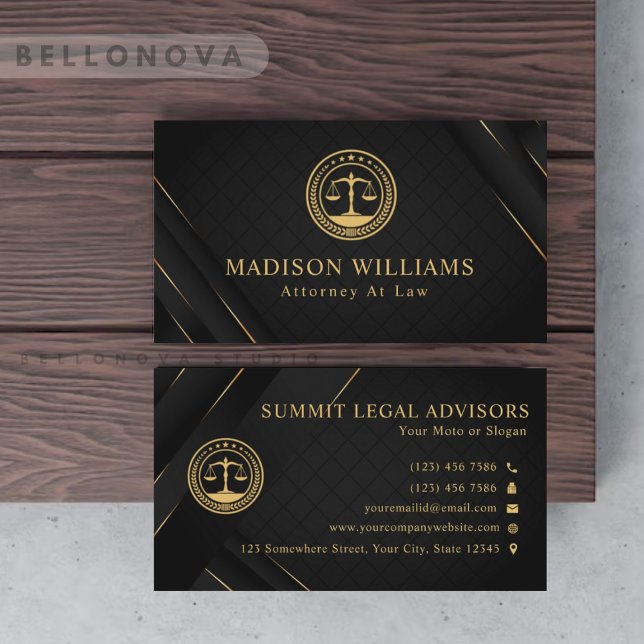 Tarjeta De Visita Oficina de Derecho de Monograma Clásico personaliz (Custom Gold Black Classic Monogram Law Office Business Card)