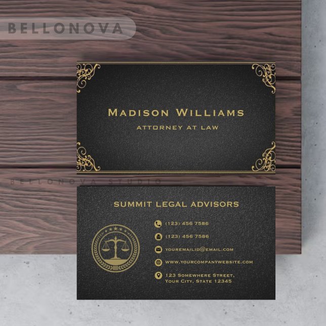 Tarjeta De Visita Oficina de Derecho del Monograma Gris Negro Oro pe (Custom Gold Black Grey Monogram Law Office Business Card)