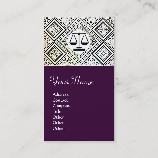 Tarjeta De Visita OFICINA JURÍDICA, ABOGADO DAMASK morado (Anverso)
