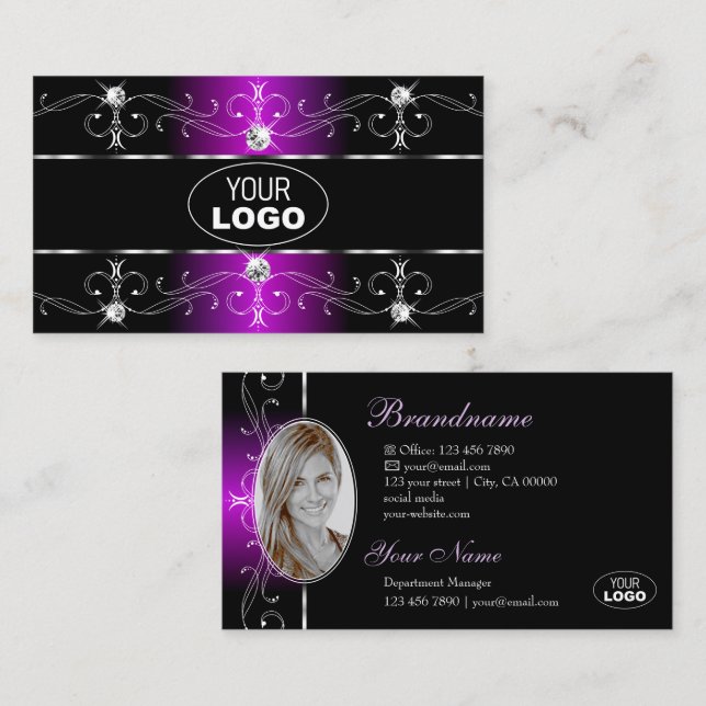 Tarjeta De Visita Ojo capturando Black Purple Ornate Borders Logo Fo (Anverso / Reverso)