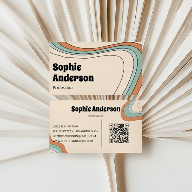 Tarjeta De Visita Ola abstracta retro arcoíris con código QR (Subido por el creador)