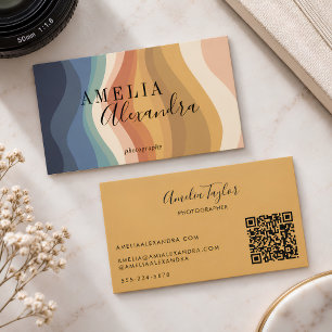 Tarjeta De Visita Ola Retro Boho Tono Tierra Nombre QR Fotógrafo