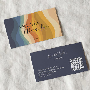 Tarjeta De Visita Ola Retro Boho Tono Tierra Nombre QR Marina Diseña