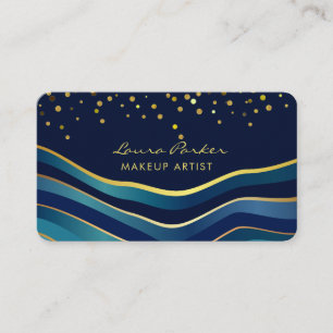 Tarjeta De Visita Olas Azul Oro Minimal Rayas Artista de Maquillaje