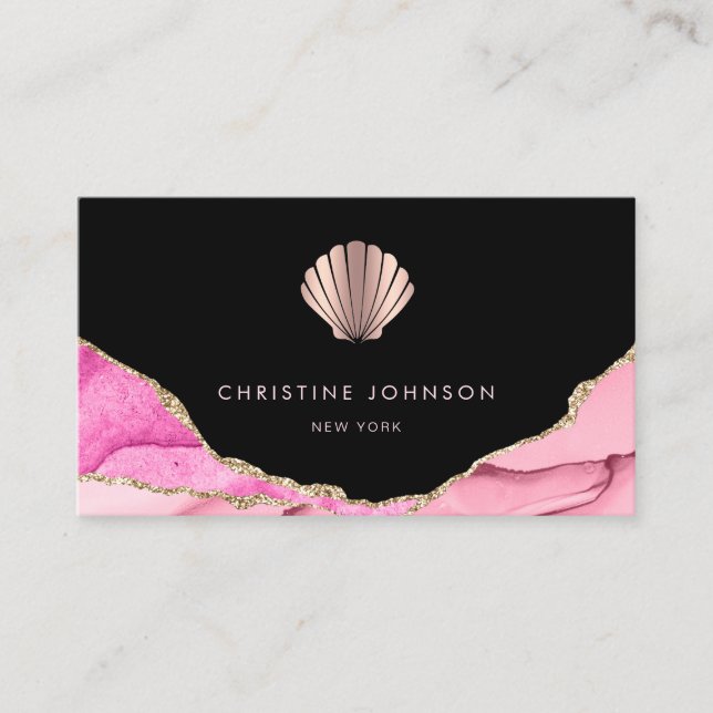 Tarjeta De Visita ・ Olas de diseño de conchas rosadas en negro (Anverso)