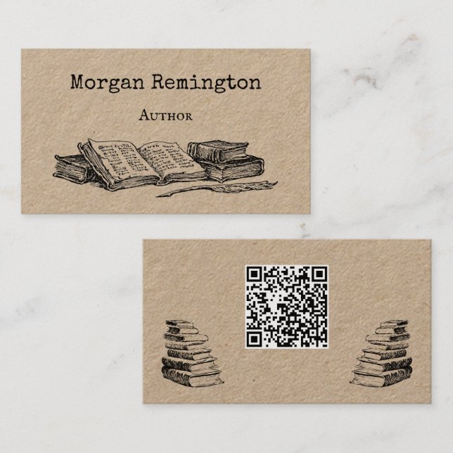 Tarjeta De Visita Old Books and Quill Author Writer Librarian QR (Anverso / Reverso)