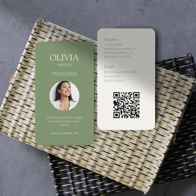 Tarjeta De Visita Olive Green & Creamy Ivory Photo Social QR Code (Subido por el creador)