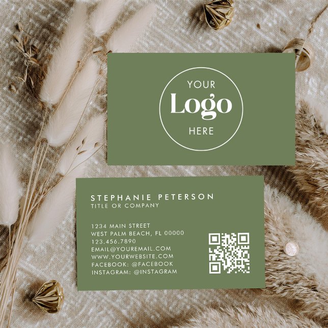 Tarjeta De Visita Olive Green Elegant Custom Company Logo QR Code (Subido por el creador)