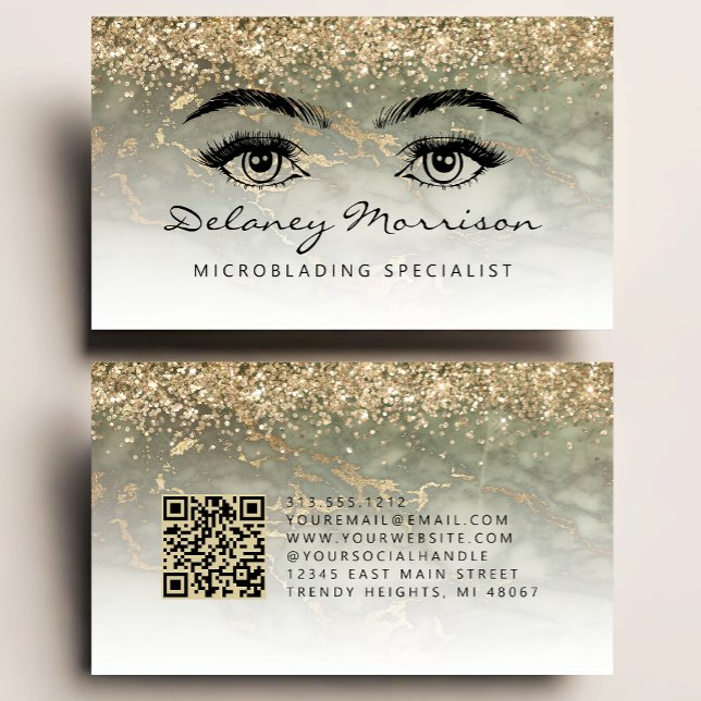 Tarjeta De Visita Olive Green Gold Marble Eyes QR Code Microblading (Subido por el creador)
