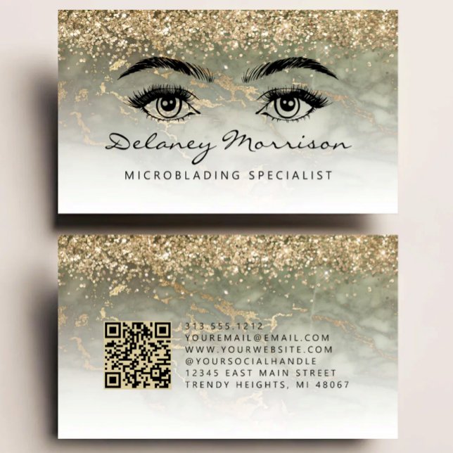 Tarjeta De Visita Olive Green Gold Marble Eyes QR Code Microblading (Subido por el creador)