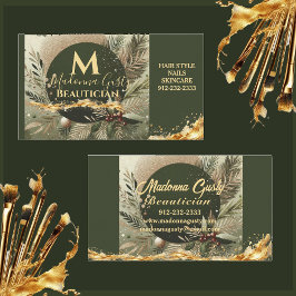 Tarjeta De Visita Olive Green Gold Monograma Beauticist Profesional
