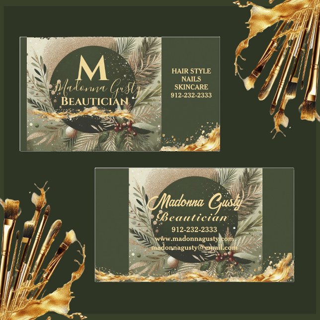 Tarjeta De Visita Olive Green Gold Monograma Beauticist Profesional (Olive Green Gold Monogram Beautician Professional Business Card)