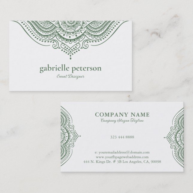 Tarjeta De Visita Olive Green Lace Paisley Mandala (Anverso / Reverso)