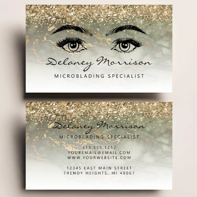 Tarjeta De Visita Olive Green Marble Gold Glitter Eyes Microblading (Subido por el creador)