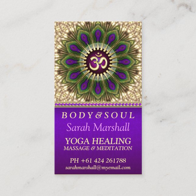 Tarjeta De Visita OM Holístico Purple Real + Green Peacock Mandala (Anverso)
