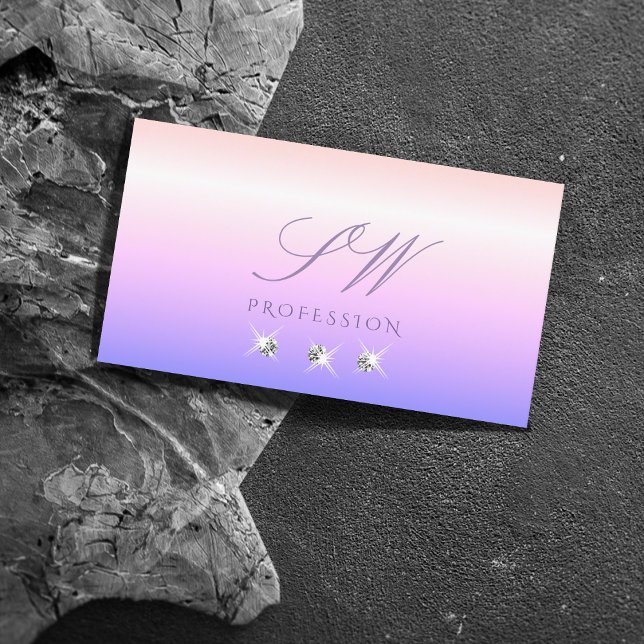 Tarjeta De Visita Ombre azul rosa pastel esparcen diamantes Monogram (Subido por el creador)