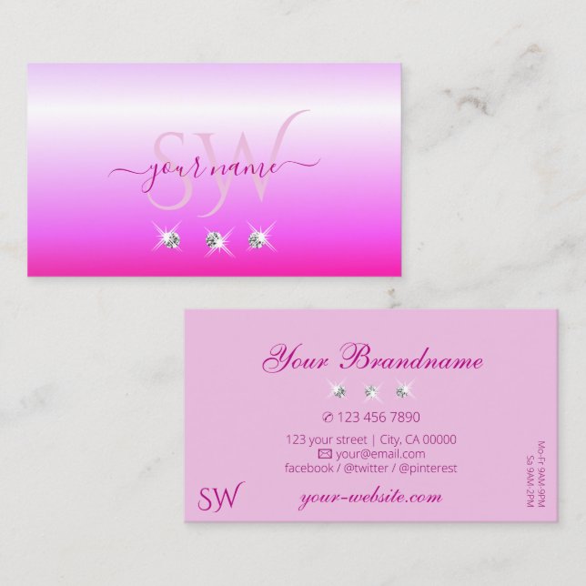 Tarjeta De Visita Ombre Rosa De Lujo Sparkling Diamonds Initials Lux (Anverso / Reverso)