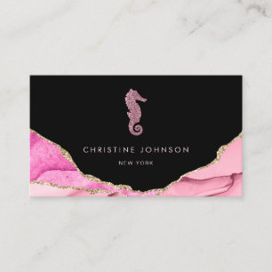 Tarjeta De Visita ・ondas diseño de caballitos de mar rosados en negr