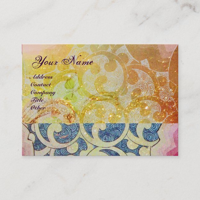 Tarjeta De Visita ONDAS MONOGRAMAS , vibrante, azul amarillo (Anverso)
