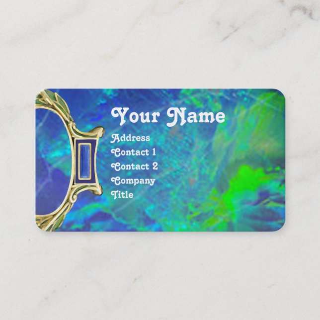 TARJETA DE VISITA OPAL AZUL VERDE, ARTE NOUVEAU ORO JEWEL MONOGRAM (Anverso)