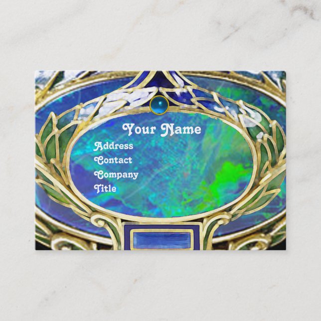 TARJETA DE VISITA OPAL AZUL VERDE, ARTE NOUVEAU ORO JEWEL MONOGRAM (Anverso)