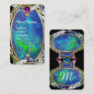 TARJETA DE VISITA OPAL AZUL VERDE, ARTE NOUVEAU ORO JEWEL MONOGRAM