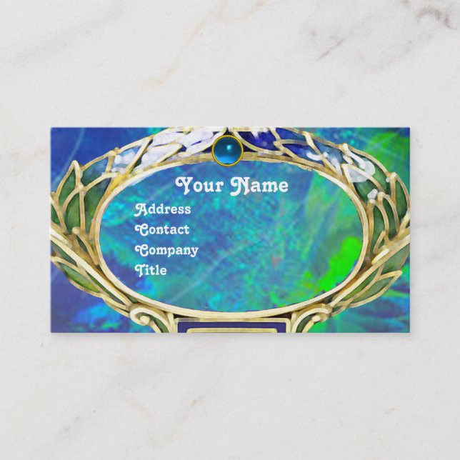 TARJETA DE VISITA OPAL AZUL VERDE, ARTE NOUVEAU ORO JEWEL MONOGRAM (Anverso)