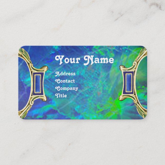 TARJETA DE VISITA OPAL AZUL VERDE, ARTE NOUVEAU ORO JEWEL MONOGRAM (Anverso)