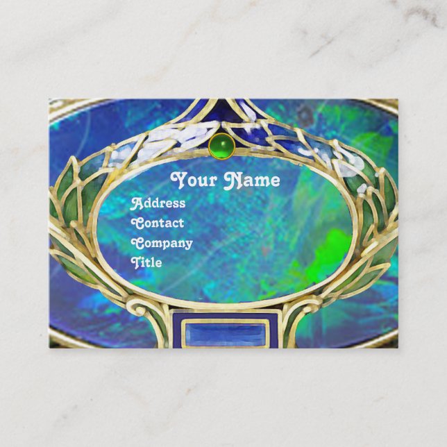 TARJETA DE VISITA OPAL AZUL VERDE, ARTE NOUVEAU ORO JEWEL MONOGRAM (Anverso)