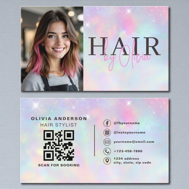 Tarjeta De Visita Opal Glitter Hair Stylist Photo QR Code  (Subido por el creador)