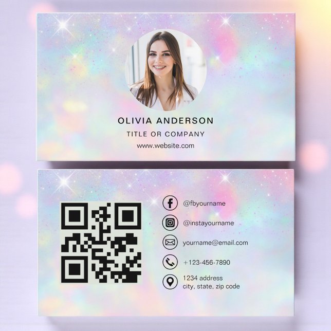Tarjeta De Visita Opal Glitter Photo with QR Code Social Media (Subido por el creador)