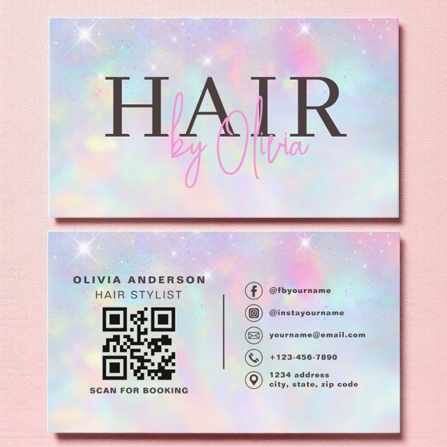 Tarjeta De Visita Opal Glitter QR Code Hair Stylist Modern (Subido por el creador)