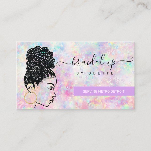 Tarjeta De Visita Ópal Holográfica Hair Braider Stylist Bus (Anverso)