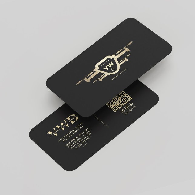Tarjeta De Visita Operador moderno de drones Monograma elegante oro  (Modern Drone Operator Monogram Elegant Black Gold Business Card
)