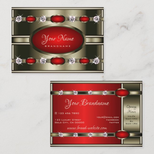 Tarjeta De Visita Óptica Metalizado de lujo roja con Diamantes de im (Anverso / Reverso)