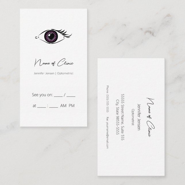 Tarjeta De Visita Optometrista Profesional Purple Heart Eye Recordat (Anverso / Reverso)