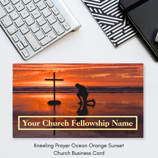 Tarjeta De Visita Oración de rodillas Pastor de Iglesia del Naranja  (Kneeling Prayer Ocean Orange Sunset Church Pastor Business Card)