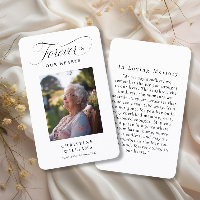 Tarjeta De Visita Oración funeraria de fotos "para siempre en nuestr ("Forever in our Hearts" Funeral Memorial Photo Prayer Card.")